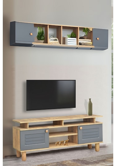 Helena Tv Sehpası Atlantik Çam Antrasit 2 Kapaklı Açık Raflı Bölmeli Tasarım 140x36x60 Cm