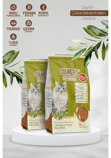 Olivacat  Zeytin Çekirdeğinden Üretilen Aktif Karbonlu Tozsuz Doğal Kedi Kumu 2 x 8 L