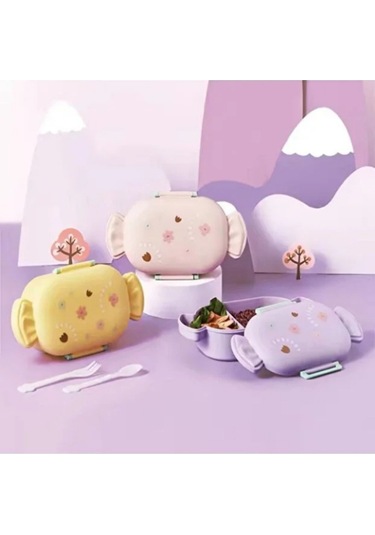 Sevimli Şeker Şekilli Çocuk Beslenme Kutusu Kaşıklı 2 Bölmeli Yemek Saklama Kabı Mor