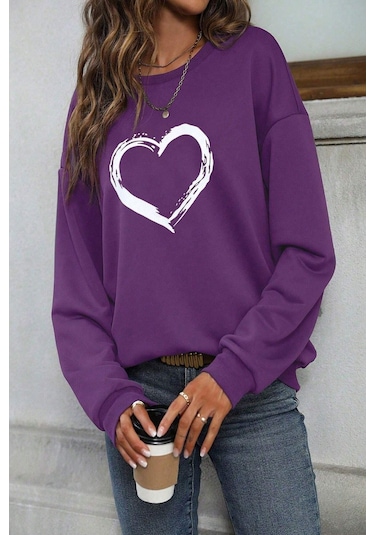 Modagen Kadın Mor Kalp Baskılı Bisiklet Yaka Sweatshırt Mor