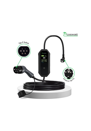 Coswatt Elektrikli Araç Taşınabilir Şarj Cihazı 3.5kW-16A-Tip2 Soket-Türkçe Menü-5M-2x16A Ev Tipi Fiş-220V AC