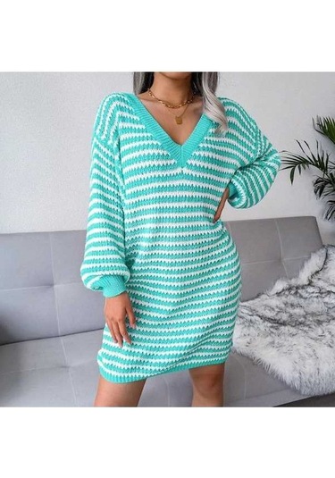 Novahub Kadın Sonbahar Kış V Boyun Uzun Kollu Yün Elbise - Camgöbeği Renkli Şerit Oyma Camgöbeği