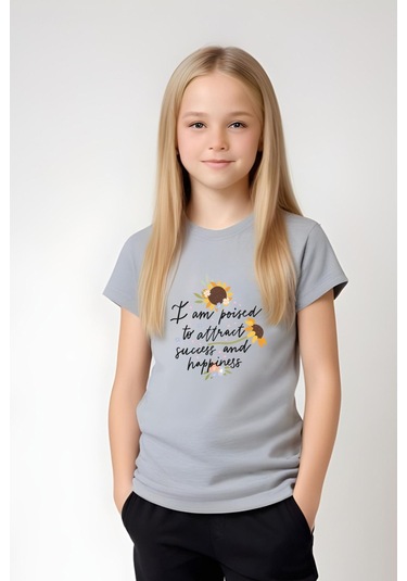 I Am Poised Baskılı Kız Çocuk Tişört Ve Eşofman Alt-üst Takım Gri