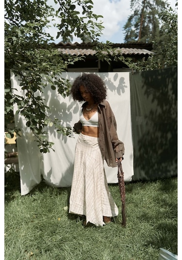 Peigi Çizgili Parçalı Bej Midi Etek Bej