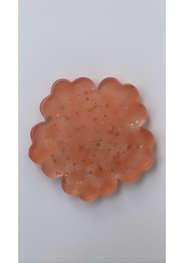 Turuncu Gümüş Glitterli Çiçek Desen Epoksi Bardak Altlığı Turuncu