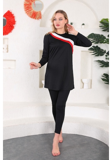 Deniz mayo likrali şeritli Tam Kapalı Kırmızı Mayo Siyah