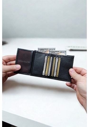 Hakiki Deri Cüzdan Küçük Boy 9 Adet Kart Bölmeli Siyah Siyah