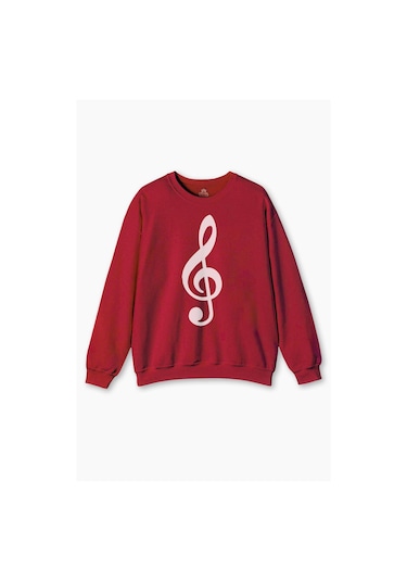 Sol Anahtarı Müzik Nota Es Gitar Saz Bağlama Baskılı Sweat Kırmızı Sweatshirt Kırmızı