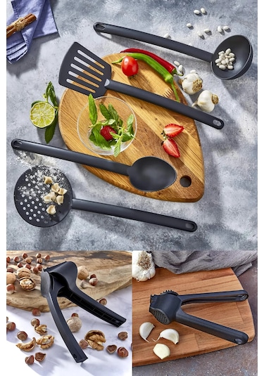 11 Parça Yanmaz Yapışmaz Teflon Kaplama Servis Seti Kepçe Kevgir Spatula Kaşık Plastik Servis Takımı