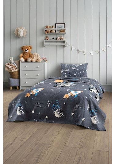 Gofret Detaylı Astronot Baskılı Çocuk-genç Odası Tek Kişilik Pike Gri