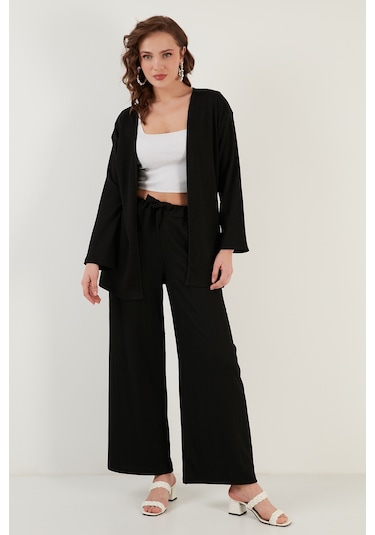 Lela Belden Bağlamalı Rahat Kesim Krinkıl Kuımaş Bayan Pantolon 5862061 Siyah