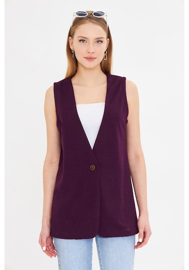 Armonika Kadın Mor V Yaka Tek Düğmeli Oversize Desenli Yelek Arm-25k001110