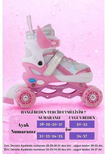 Melek Kanatlı Işıklı Çocuk Pateni Ve Dizlik Seti Silikon Teker Ayarlanabilir Paten Çantalı Pembe Pembe