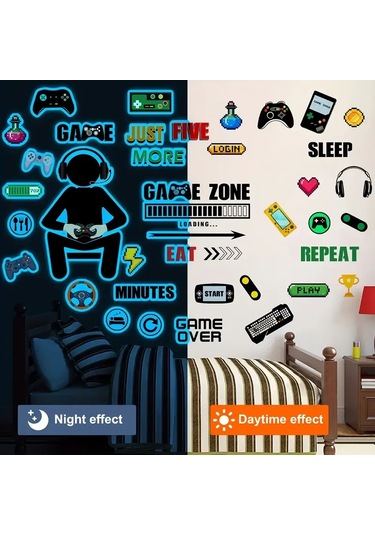 Dianziye Oyun Odası Dekorasyon Stickeri - Yıldızlı Işıklı Oyun Kontrolcü Desenli, Oyuncu Odası Duvar Sticker Seti 30x20 Cm Beyaz