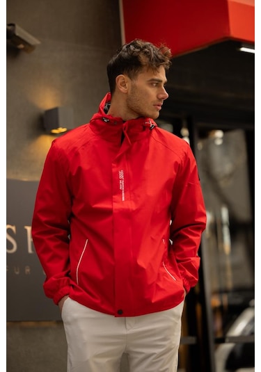 Yeast İçi Astarlı Suya Dayanıklı Kapşonlu Fermuarlı Yağmurluk - Kırmızı Kırmızı