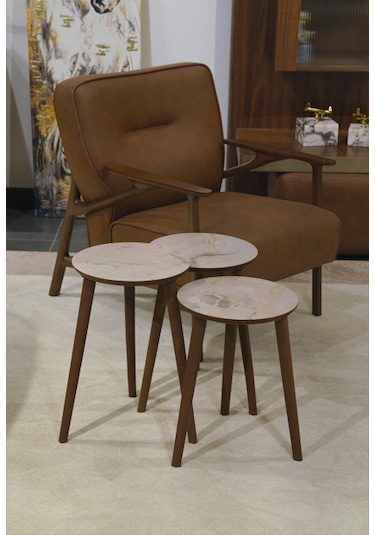 Madrid 3'lü Zigon Sehpa %100 Mdf Yuvarlak Buz Gri Mermer Desen