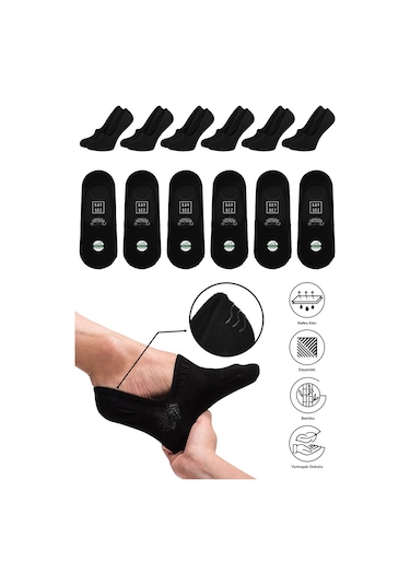 Saysez Bambu Erkek Babet Siyah Çorap Dikişsiz Kaydırmaz Silikonlu 6'lı Siyah