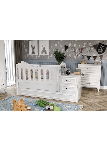 KznHome Kartopu Country Tarzı Bebek Odası Takımı - 3 Parçalı Tamamı MDF Beyaz
