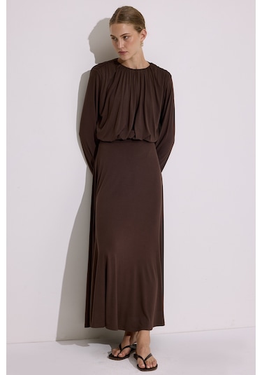 Dökümlü Balon Form Bluz Kahverengi Kahverengi