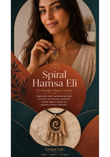 Spiral Hamsa Eli Ahşap Kolye 44x30 Mm - Siyah İpli Bohem Unisex 01 - Ekru
