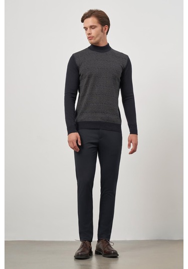 Koyu Lacivert Uzun Kol Kendinden Örme Yarım Balıkçı Yaka Classic Comfort Fit Triko 1012245152 Koyu Lacivert