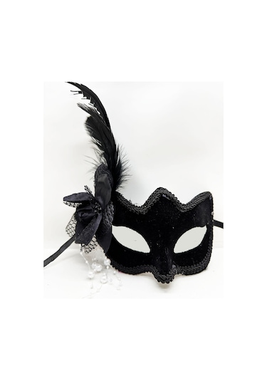 Siyah Renk Yandan Tüylü Beyaz İncili Süet Kaplama A Kalite Lüks Parti Maskesi 20x23 Cm