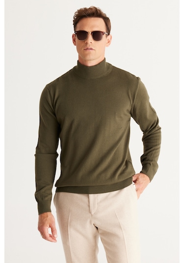 Erkek Bej Hakı 2'li Paket Standart Fit Normal Kesim Yarım Balıkçı Yaka Basic Triko Kazak Bej Hakı