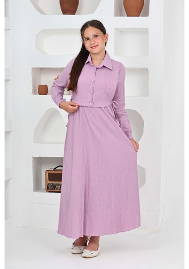 Kız Çocuk Uzun Boy Gofre Kumaş Jile & Elbise İki Parça Takım Astarlı Zarif Set-4948 Lila