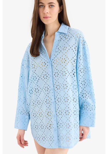 DeFacto Regular Fit Pamuklu Brode Plaj Gömleği-Fall in Love C0506AX25SMBE93 DeFacto Regular Fit Pamuklu Brode Plaj Gömleği-Fall in Love C0506AX25SMBE93