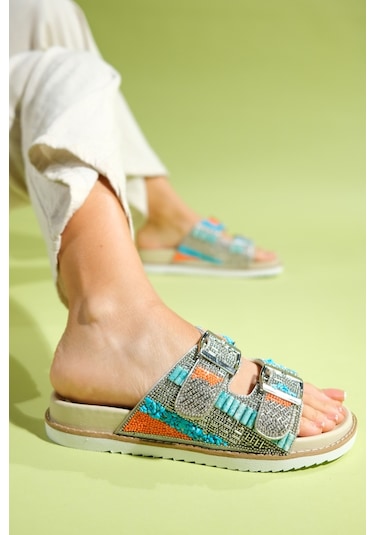Luvishoes Lanso Bej Taşlı Çift Bantlı Kadın Terlik Bej