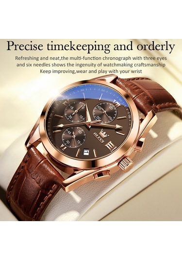 Olevs 2872 Erkekler Üç Göz Altı İğne Kronograf Su Geçirmez Kuvars Saat Kahve + Gül Altın