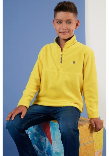Lela Yumuşak Dokulu Fermuarlı Dik Yaka Şardonlu Kışlık Unisex Çocuk Polar 5905002 Sarı