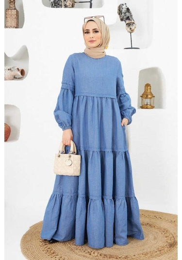 Neways 6510 - Fırfırlı Büzgülü Elbise Mavi