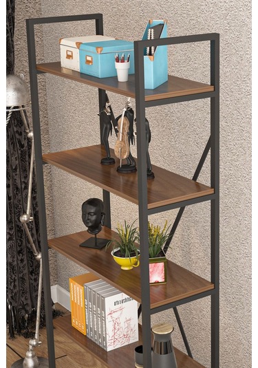 Wood House - Deniz Metal 5 Raflı Kitaplık-ceviz
