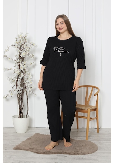 Fames Pijama Fitilli Kaşkorse Pamuklu Ispanyol Paça Yeni Sezon Büyük Beden Ev Giyim Siyah