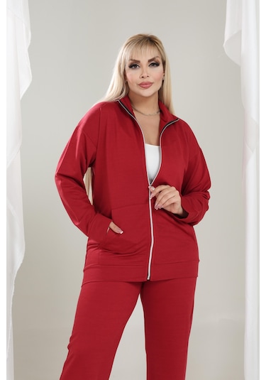 Kadın Büyük Beden Fermuarlı Uzun Kollu Rahat Günlük Eşofman Takım Bordo