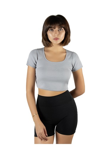 Açık Gri Havuz Yaka Fitted/vücuda Oturan Kısa Kol Crop Tişört Açık Gri