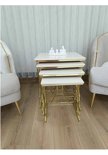Arden Elite 4'lü Kare Zigon Sehpa Seti Gold Ayak, Krem Mdf Beyaz