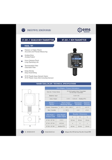 Ems Kontrol - Sıcaklık Nem Transmitteri 4-20 Ma / 0-50 C