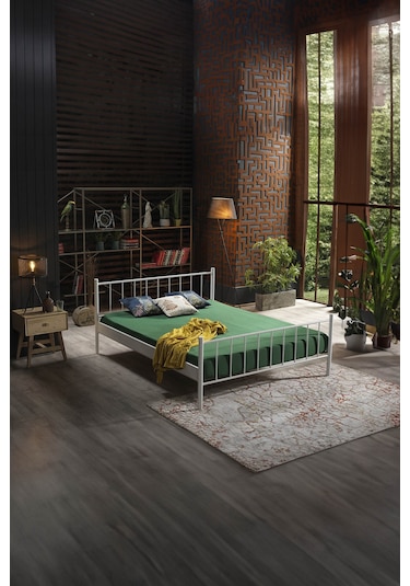 Falez Çift Kişilik Ferforje Metal Karyola-beyaz Ahşap Latalı