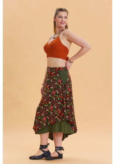 Bağlama Detaylı Beli Lastikli Salaş Etek Yeşil