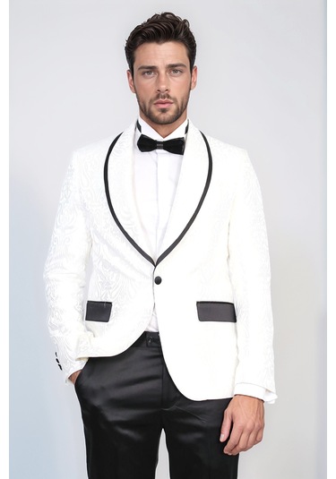 Damask Desenli S Al Yaka Beyaz Smokin - Wessi Beyaz