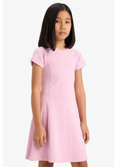 DeFacto Kız Çocuk Bisiklet Yaka A Kesim Basic Düz Fitilli Kaşkorse Kısa Kollu Yazlık Elbise E5801A825SMPR66