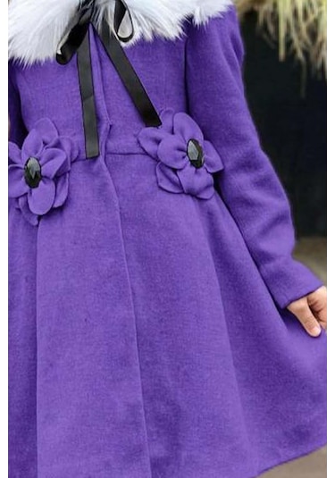 Riccotarz Kız Çocuk Kürk Yakalı Önü Çiçek Ve Elmas Taş Detaylı Mor Kaşe Mor