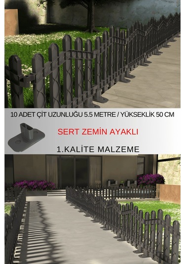 Dekoratif Plastik Alan Oluşturma Ve Bahçe Çiti 10 Adet Çit Y: 50 Cm / G: 5.5 M Sert Zemin Ayaklı - Antrasit Gri