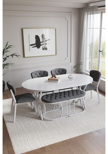 Mutfak Masası Takımı 6 Kişilik Masa Takımı Elma Avangarde Yemek Masa Takımı Benchli Antrasit