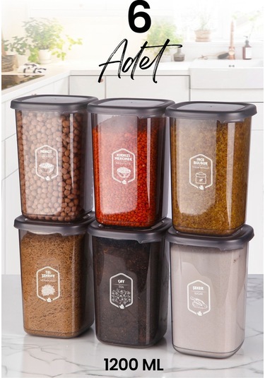 Kitchen Life 6'lı Etiketli Square Kare Erzak Saklama Kabı Seti 1200 ML - Sert Kapaklı Düzenleyici Kavanoz Antrasit - Siyah