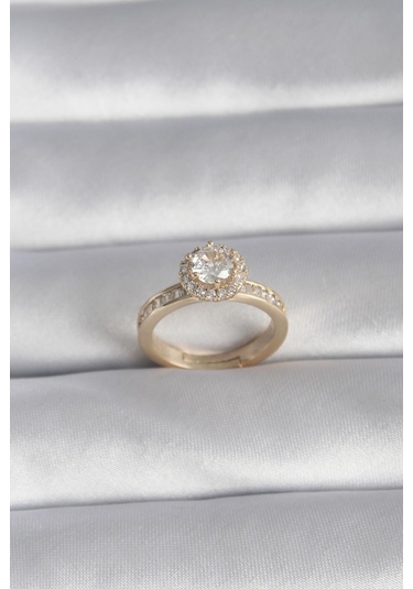 Gold Renk Zirkon Taşlı Tek Taş Model Kadın Yüzük Altın