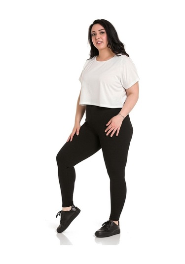 Büyük Beden Fitilli Beli Lastikli Bilekte Siyah Bayan Tayt