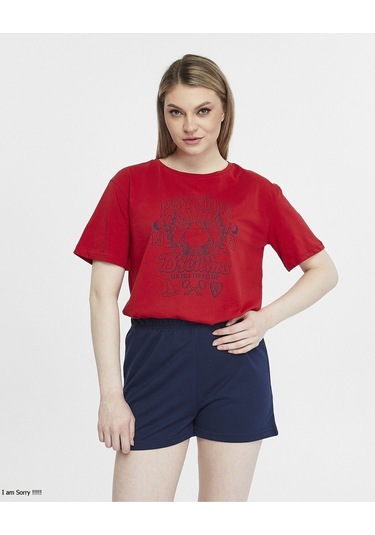 Bella Dossi Pamuklu Kısa Kollu Baskılı Kadın Şortlu Yazlık Pijama Takımı Kırmızı